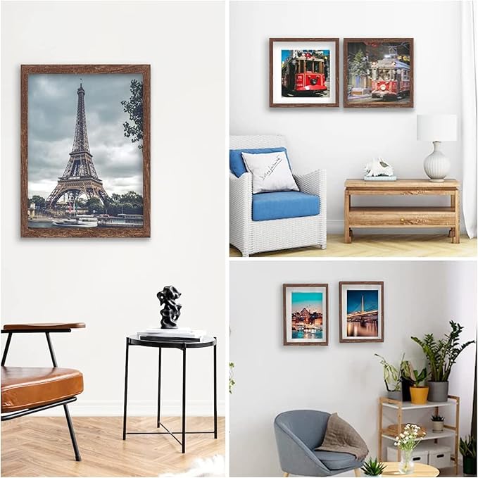 11x14 Picture Frame Set of 6, Display Pictures 8x10 with Mat or 11x14 Without Mat for Wall Mounting,Rustic Brown