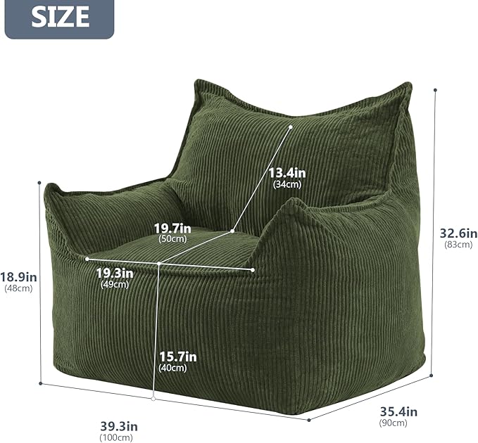 Giant Bean Bag Chair Sofa for Adults Teens, Comfy Corduroy Large Bean Bag Chairs with Armrests for Bedroom Living Room, Adult BeanBag Lazy Sofa Couch Chairs with Filler Included