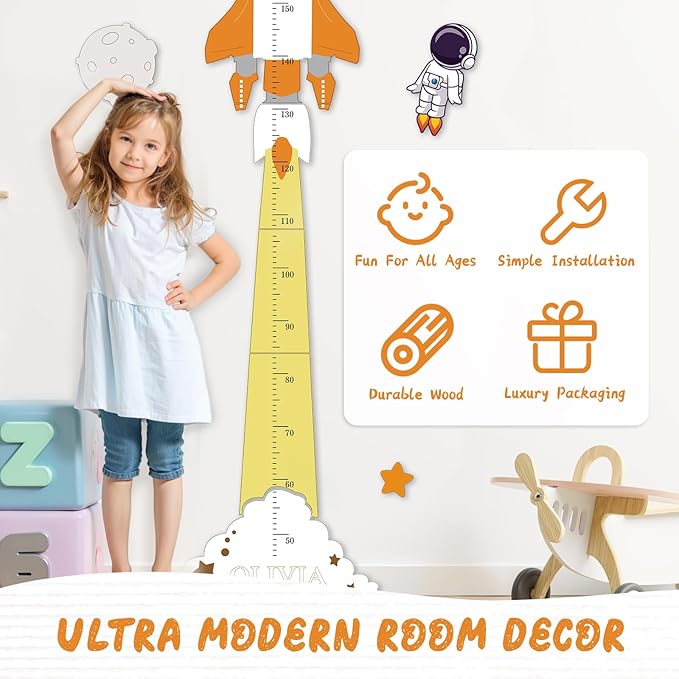 Personalized Name Height Chart for Kids, Cute Rocket Wooden Growth Chart for Kids, Wall Height Chart for Children, Cute Wall Ruler for Kids, Track Height Measurement, Easy to Install