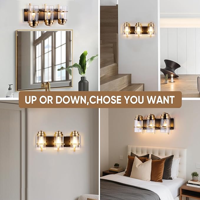 Black Gold Vanity Lights,3 Lights Bathroom Light Fixtures,Gold Finish Industrial Modern Wall Sconces 3 Lights,Bathroom Wall Lights(Bulbs not Included)