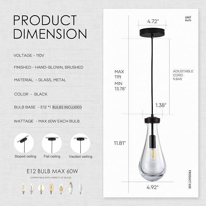 Raindrop Pendant Light, Black Glass Pendant Lighting, Hand Blown Teardrops Modern Hanging Light for Entryway Foyer Stairway Kitchen Island Bedroom Dining Living Room Hallway