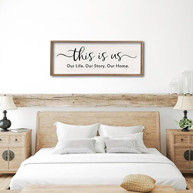 This is us Wall Decor Sign 32'' x 12'' Large Master Bedroom Home Life Story Wood Framed Vintage Family Sign Rustic Plaque Living Room Minimalist Farmhouse Hanging Wall Art (Wood)
