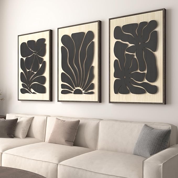 Framed Textured Wood 3D Wall Art for Living Room, Large Boho Floral Black and Beige Artwork for Walls, 3 Piece Abstract Bohemian Flower Wood 3D Art for Office Bedroom Hallway Wall decor, 24x36 Inch