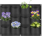 12 Pockets Hanging Planter Bags, Hanging Vertical Wall Mounted Plant Planting Grow Bags, Herb Garden Planter Outdoor Indoor Growing Bag, Gardening Vertical Greening Flower Container(0.6m×0.8m, Black)