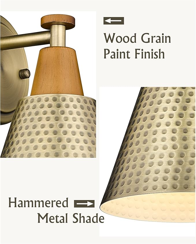 FEMILA Bathroom Light Fixtures 2 Pack, Antique Brass Vanity Light with Hammered Metal Shade, 2-Lights Bath Wall Mounted Lights Wall Lamp for Mirror Kitchen Bedroom, 4FG59B-2 BG
