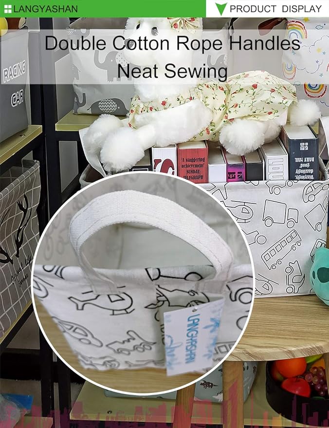 LANGYASHAN Rectangular Storage Bin Collapse Canvas Fabric Cartoon Storage Basket with Handles for Organizing Home Kitchen Boys and Girls Toys Office Closet Shelf Baskets (Rec Vehicle)