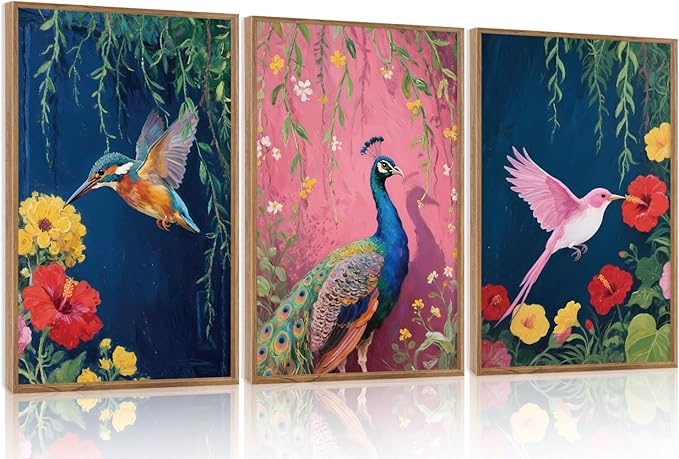 Aurlan Colorful Birds Flowers Framed Wall Art(16"x24"), 3PCS Large Classic Elegance Hummingbird Peacock Canvas Artwork, Vintage Abstract Watercolor Peony Floral Willow Decor for Home Office Bedroom