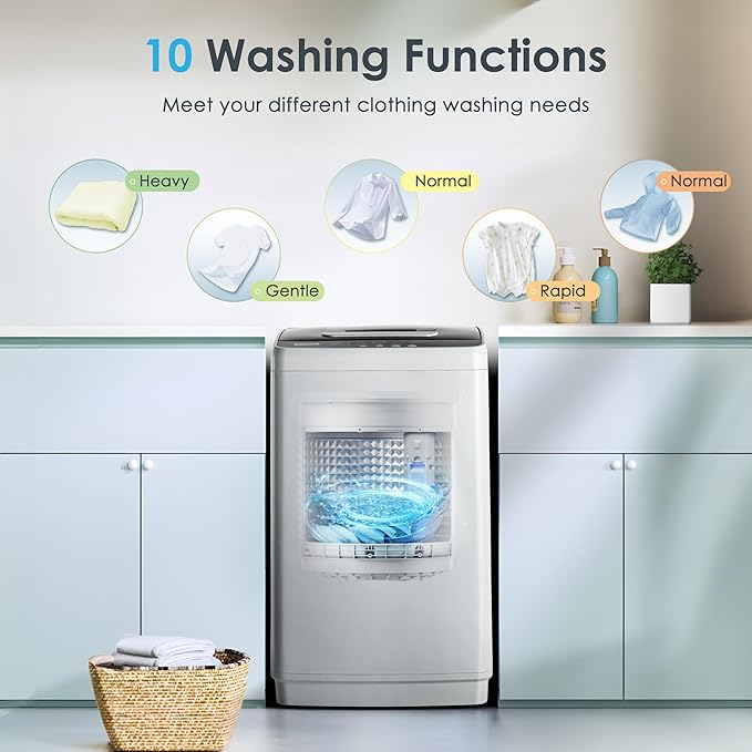 Euhomy 1.03cu.ft Portable Washer, 8.8LBS Capacity Small Portable Washing Machine with 10 Programs 5 Water Levels, Drain Pump and LED Display,Compact Washer for Apartments, RVs, Homes, Light Gray