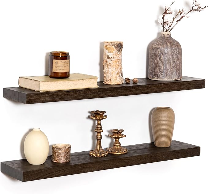 Rustic 30" Floating Shelves, Real Elm Wood Floating Shelf for Wall, Heavy-Duty Wall Shelves for Books, Wooden Floating Shelves with Invisible Bracket for Bathroom, Kitchen, Walnut Color, Set of 2