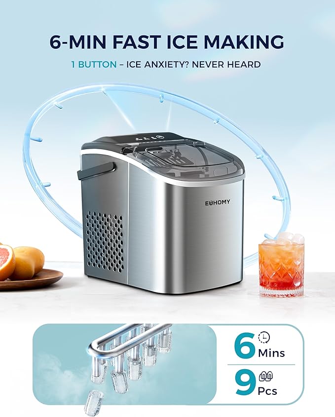 EUHOMY Countertop Ice Maker Machine with Handle, 26lbs Per Day, 9 Ice Cubes Ready in 6 Mins, Auto-Cleaning Portable Ice Maker with Basket and Scoop, for Home/Kitchen/Camping/RV (Silver)