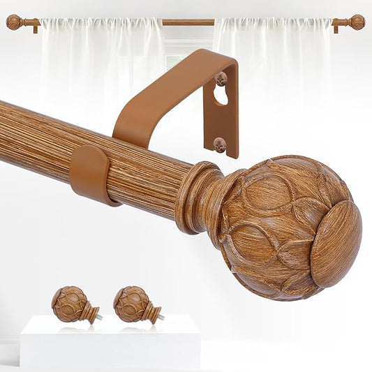 Wood Boho Curtain Rods for Windows:18-60Inch Wooden Farmhouse Curtain Rod for Bedroom Living Room,Heavy Duty Adjustable Rustic Decorative Drapery Rods with Vintage Imitation Wood Finial,Brown