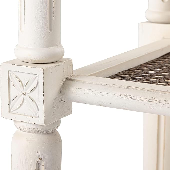 Rustic Farmhouse Cottagecore Accent End Table, Distressed Accent Side Table with Espresso Tray Top and Woven Wicker Shelf, Boho, French Country Decor, Square, Weathered Brown & White