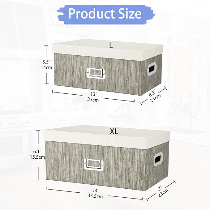 Briful Set of 2 Decorative Storage Boxes with Lids – Gray & White Nesting Organizer Bins, 14'' + 13'' Set Rectangular Fabric Covered Cardboard Boxes for Office, Closet, or Home Decor
