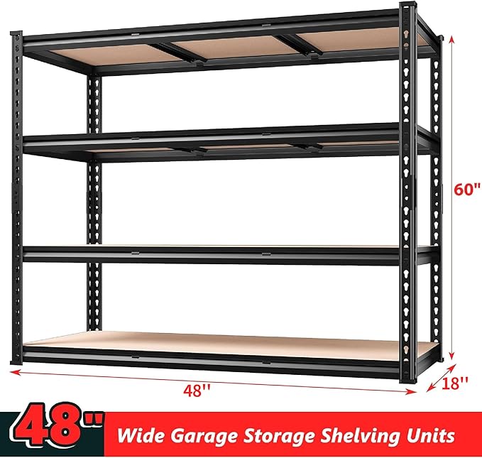 REIBII 48" W Garage Shelving Heavy Duty, 2000LBS Storage Shelves, 4 Tier Adjustable Metal Shelves for Garage Shelving Sturdy Industrial Shelf, Easy Assemble, 48" W x 60" H x 18" D