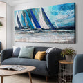 Arjun Blue Abstract Wall Art Canvas Teal Ocean Sailboat Picture Modern Turquoise Coastal Nautical Painting, Extra Large 58"x29" Framed Textured Artwork for Living Room Bedroom Home Office Wall Decor