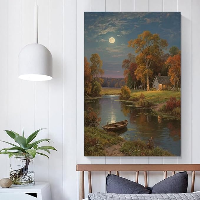 Small house by the stream under the moonlight tranquil style suitable for living room bedroom and office landscape poster wall art