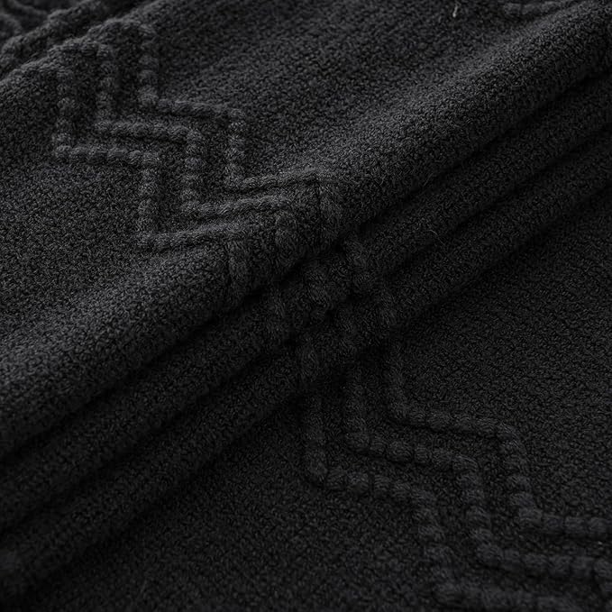 MIULEE Black Knitted Throw Blanket for Couch Textured Knit Blanket with Tassels Cozy Woven Boho Bed Blanket for Sofa Bed Chair Acrylic Wave Pattern 50"x60"