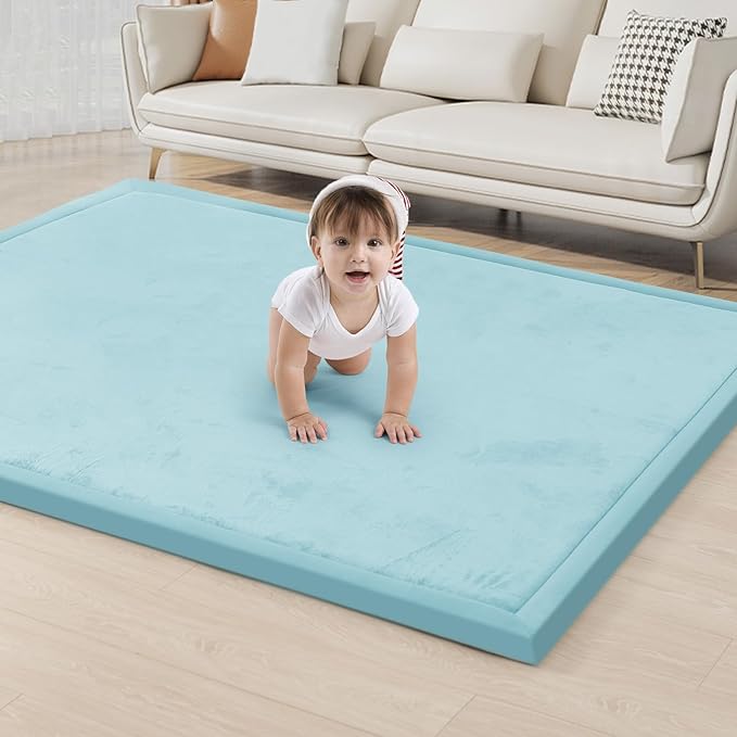 ACOMOPACK Baby Play Mat for Floor 1.3" Thick Memory Foam Play Mat 79"×118" Tummy Time Crawling with Non-Slip Bottom for Living Room,Nursery,Soft Velvet Playpen Mats for Kids,Infants（Light Blue）