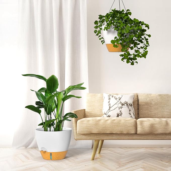 ZMTECH 12 Inch Hanging Planters for Indoor Outdoor Plants, 2 Pack Self Watering Hanging Plant Pots with Drainage Hole, Visual Reservoir, Plastic Flower Hanging Pots with Watering Lip (White)
