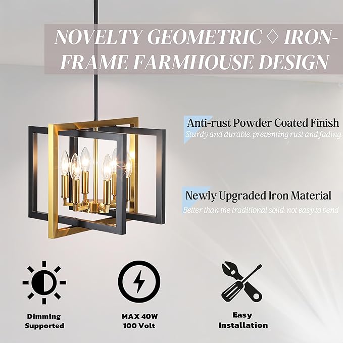 ANKYLHUA Black Gold Chandelier,6-Lights Ceiling Light Fixture E12,Adjustable Hight Pendant Lights Kitchen Island,Chandeliers for Dining Room,Bedroom,Entryway,Foyer