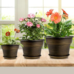 Plant Planters Pots Set of 4 Pack 11 Inch, Plastic Flower Pot for Indoor Plants with Drainage Holes & Trays, Resin Decorative Container Sets with Saucer for House Outdoor Garden Planters Dark Gold