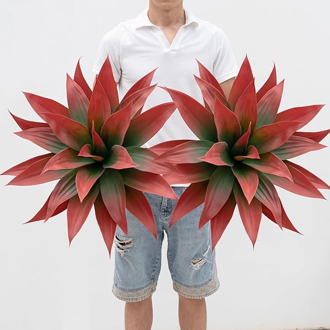 Artificial Agave Plants,Large UV Resistant Fake Agave Planters for Indoor and Outdoor Decorating Artificial Plants for Outdoors Fake Plants 2Pack, 28" Red