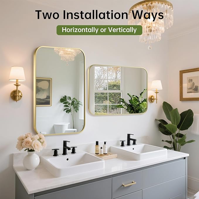 FARMER 22x30 Inch Gold Bathroom Mirror, Rectangle Vanity Mirror, Brushed Mirrors for Wall, Metal Frame Hanging Mirror with Round Corner for Bedrooms, Entryways, Living Rooms, Horizontal/Vertical