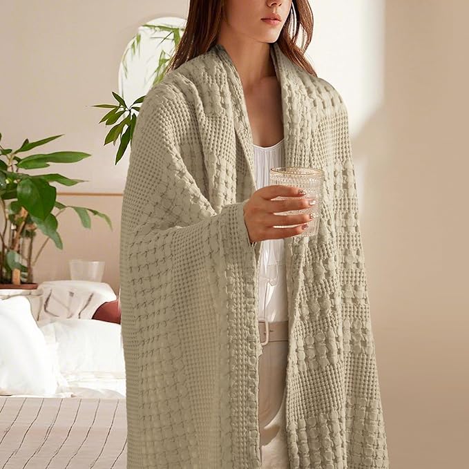PHF 100% Cotton Waffle Weave Throw Blanket, Soft Lightweight Breathable Cozy Summer Throws for Couch Bed Sofa, Luxury Aesthetic Woven Blanket for Home Decor & Office, 50"x60", Khaki