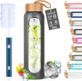 Aqulea Glass Water Bottles with Silicone Sleeve - BPA Free Reusable Wide Mouth Glass Motivational Water Bottles with Fruit Infuser – Leak Proof Borosilicate Water Bottle with Time Marker