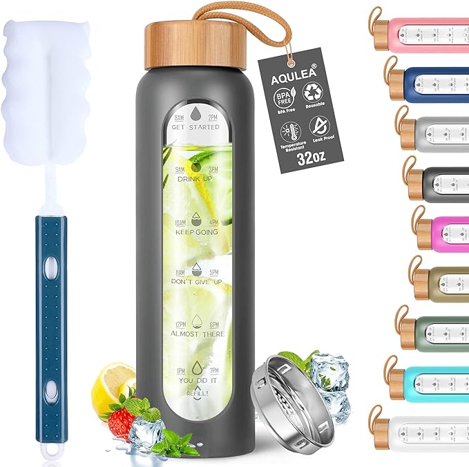 Aqulea Glass Water Bottles with Silicone Sleeve - BPA Free Reusable Wide Mouth Glass Motivational Water Bottles with Fruit Infuser – Leak Proof Borosilicate Water Bottle with Time Marker