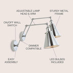 JONATHAN Y JYL7460A-SET2 Rover 7" Farmhouse Industrial Adjustable Arm Metal LED Wall Sconce Rustic Bohemian 2700K LED 4W Bulb for Entryway Lobby Kitchen Bathroom Bedroom Hallway, Chrome (Set of 2)