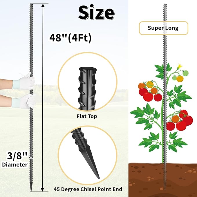 Rebar Stakes 48 inches 16-Pack Concrete Form Stakes Straight 3/8" Diameter Rebar Ground Metal Stakes for Landscaping, Securing Fence, Garden Plants Support, Survey Markers and Securing Trees