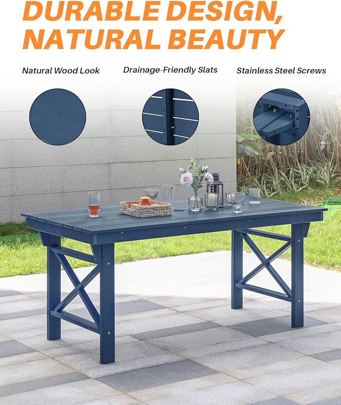 HDPE Outdoor Dining Table, 66.9” Rectangle Patio Dining Table for 6, All-Weather HDPE Outdoor Table with 2.2” Umbrella Hole, HDPE Patio Furniture for Deck, Backyard, Garden, Pool, Navy