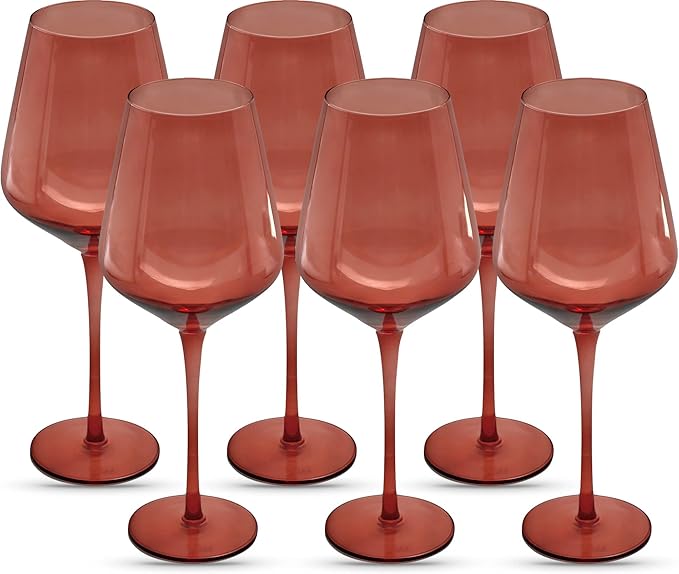Saludi Original Dark Rose Wine Glasses, 16.5oz (Set of 6) Stemmed Single Color Red Barbie Glass - Great for All Wine Types and Occasions or Gifts - Luxury, Durable, Hand-Blown