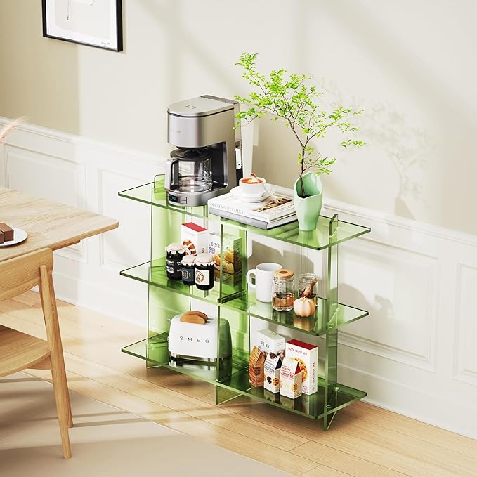 Acrylic Bookshelf, Small 3 Tier Open Bookcase for Small Spaces,Sofa Table, Hallway Entry Table for Home Living Room (Green, 39.4'' x 11.8'' x 31.5'')