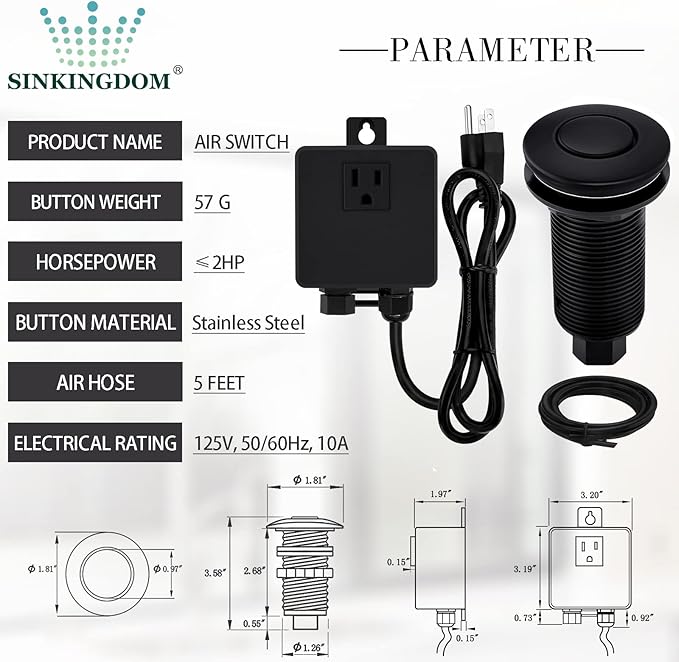 Garbage Disposal SinkTop Air Switch Kit with Long Button,Brass Made Cover,UL,Matte Black