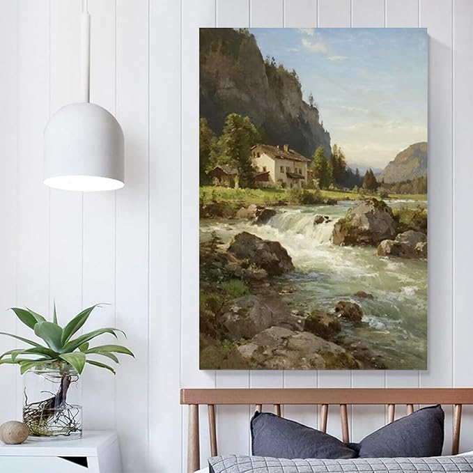 Vintage landscape rural scenery poster art farmhouse cottage wall decor living room kitchen quiet country stream suitable for bedroom bathroom