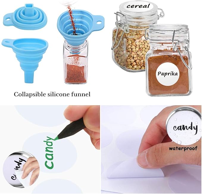 Spice Jars, 12 Pack 4oz Small Glass Jars with Airtight Hinged Lid, With 12 Spice Labels & Silicone Funnels, Airtight Glass Jars for Spices, Art Craft Storage (12 Pack)