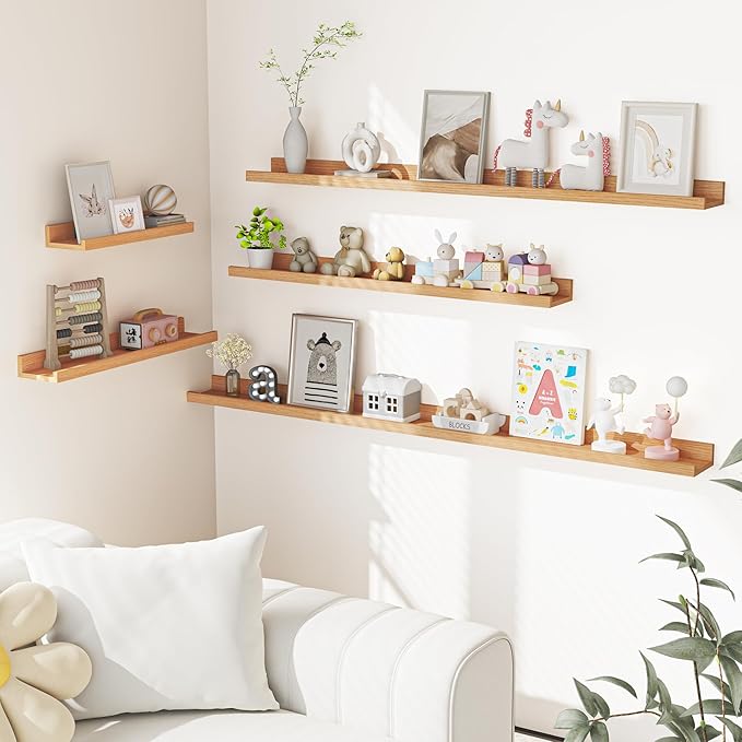 Heimlove Picture Ledge Shelf, Floating Shelves Set of 2, 56 Inches Picture Shelf for Wall with Ledge, Kids Bookshelf Wall Mounted for Living Room Bedroom Decor Books Photo Frames, Natural Oak
