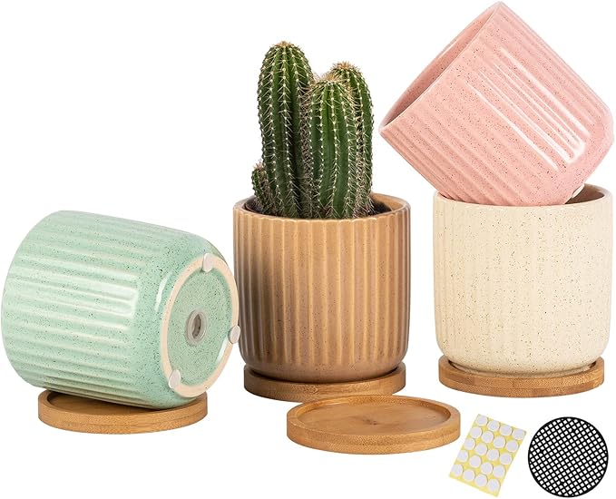 TAMAYKIM 4 Inch Cylinder Ceramic Boho Plant Pots with Drainage Hole and Saucer, Glazed Multicolor Flower Pots for Succulent, Snake Plant, Cactus and Herbs, Set of 4 (Plant Not Included)