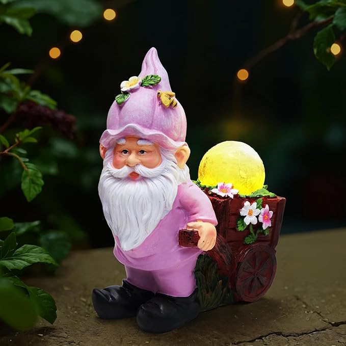 Solar Garden Gnome Statue with Crackle Glass Globe Lights, Waterproof Outdoor Decor for Patio, Lawn, or Yard, Whimsical Housewarming Gift(Pink Gnomes)