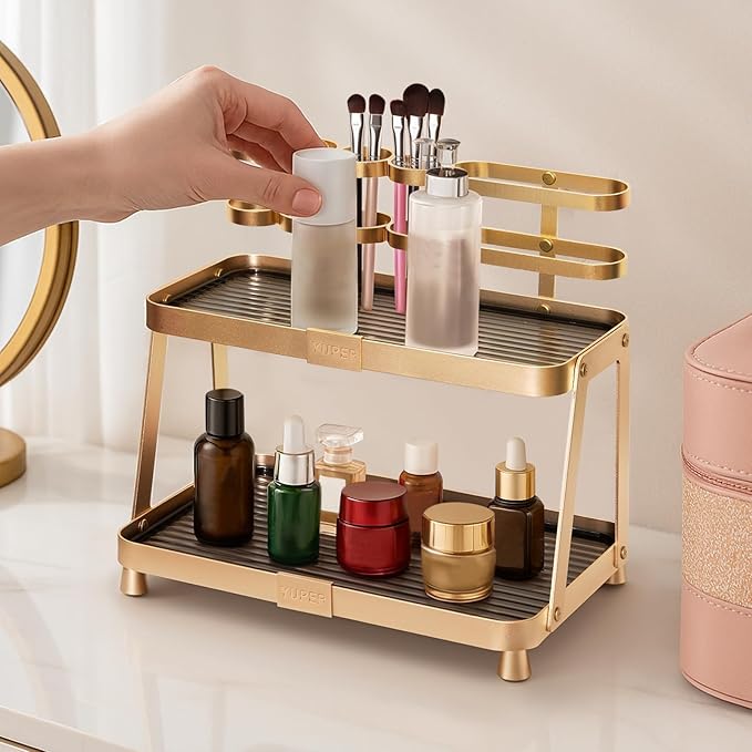 YUPER Bathroom Counter Organizer, 2-Tier Bathroom Organizer Countertop with Toothbrush Holder, Makeup Storage Shelf Vanity Tray Perfume Organizer, Bedroom Kicthen Counter Storage Sink Shelf Gold