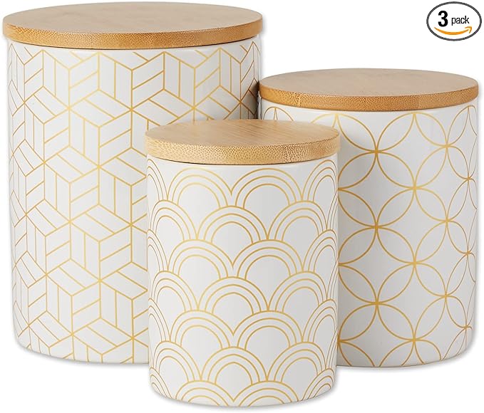 DII Kitchen Ceramics Collection, Canister Set, Mixed Print, White/Gold, 3 Piece