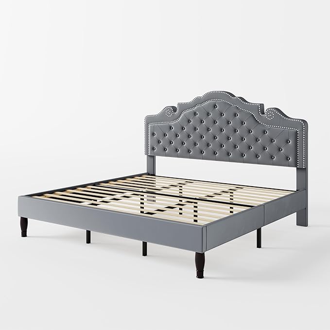 Allewie King Size Bed Frame with Adjustable Velvet Tiara Headboard, Upholstered Diamond Button Tufted Platform Bed, Wood Slats Support, No Box Spring Needed, Light Grey