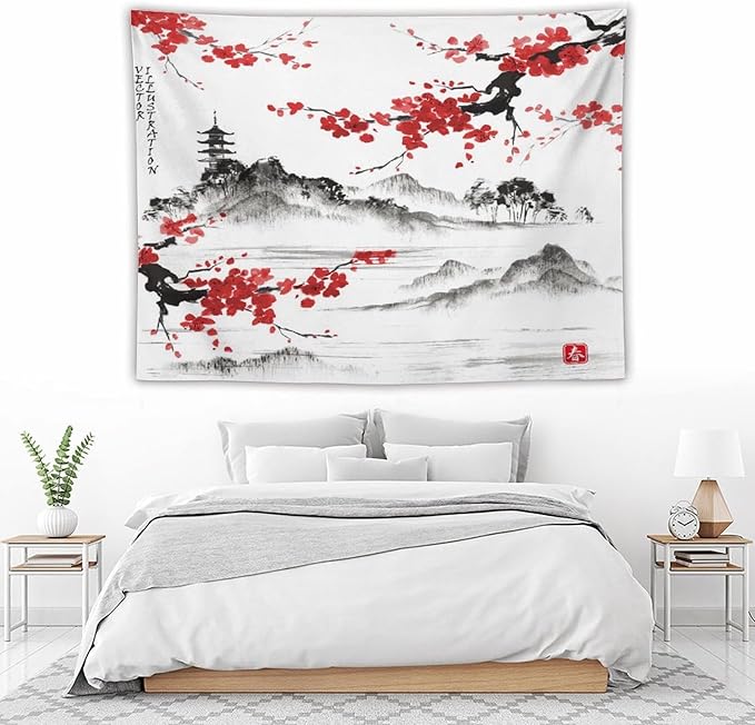 Cherry Blossoms Tapestry, Japanese Fuji Mountain Tapestry, Asian Japanese Wall Tapestry, Nature Landscape Tapestries for Bedroom Living Room Decor 80"x60"