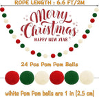Jishi Christmas Pom Pom Garland Christmas Decorations for Tree Indoor Home Room Decor 3pk Cute Hanging Felt Ball Red White Green Pompom Bead Ornament String Banner Garland Xmas Birthday Party Supplies