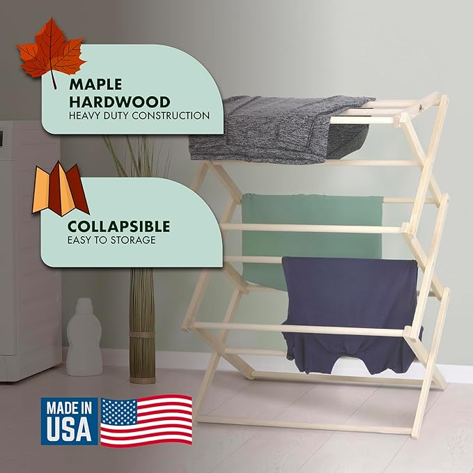 Pennsylvania Woodworks Premium American Maple Clothes Drying Rack - Handcrafted in Pennsylvania - Solid Wood Construction, Collapsible, Eco-Friendly Laundry Solution (Large)