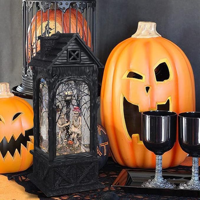 Eldnacele Halloween Ghost Projection Snow Globe Lantern with 6-Hour Timer, Lighted Plug-in & Battery Operated Water Glittering Snowing Globe Lamp for Spooky Fall Halloween Indoor Decoration(Skeleton)