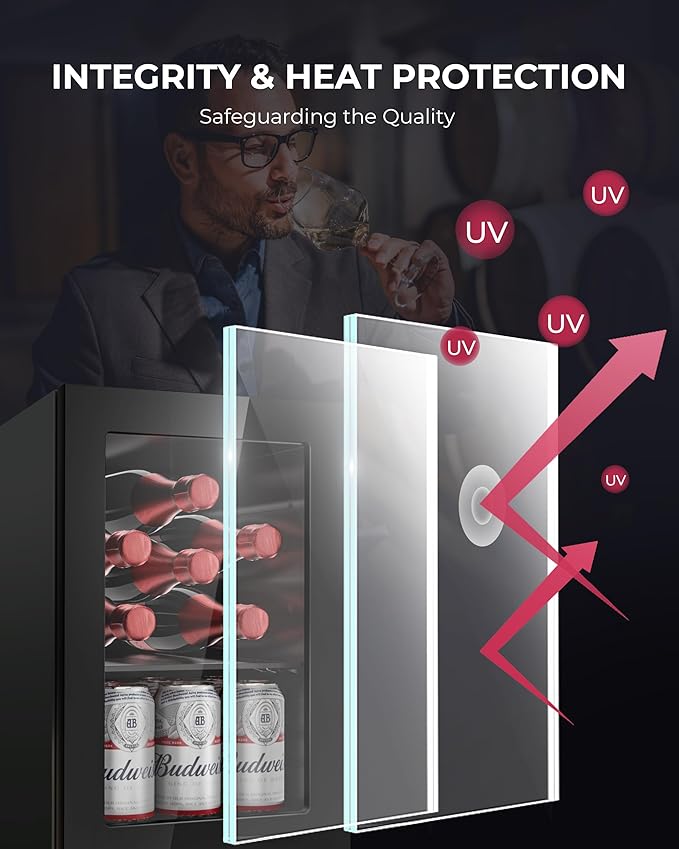 6 Bottles and 6 Cans Compact Beverage Refrigerator, Freestanding Mini Fridge with Temperature Control for Beer Wine, Under Counter Small Refrigerator Adjustable Shelve & Glass Door for Home and Bar