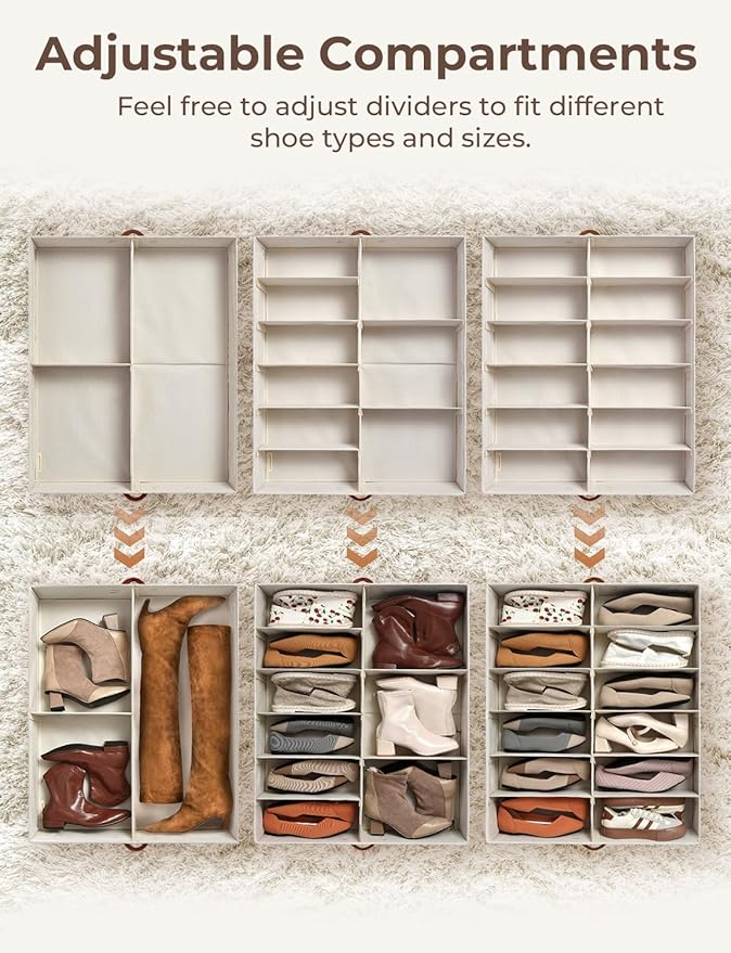 StorageWorks Shoe Organizer Under Bed for Closet, 2-Pack Ultra-thick Fabric Shoe Storage Containers with Bottom Support and Adjustable Dividers, Fits up to 24 Pairs, Beige